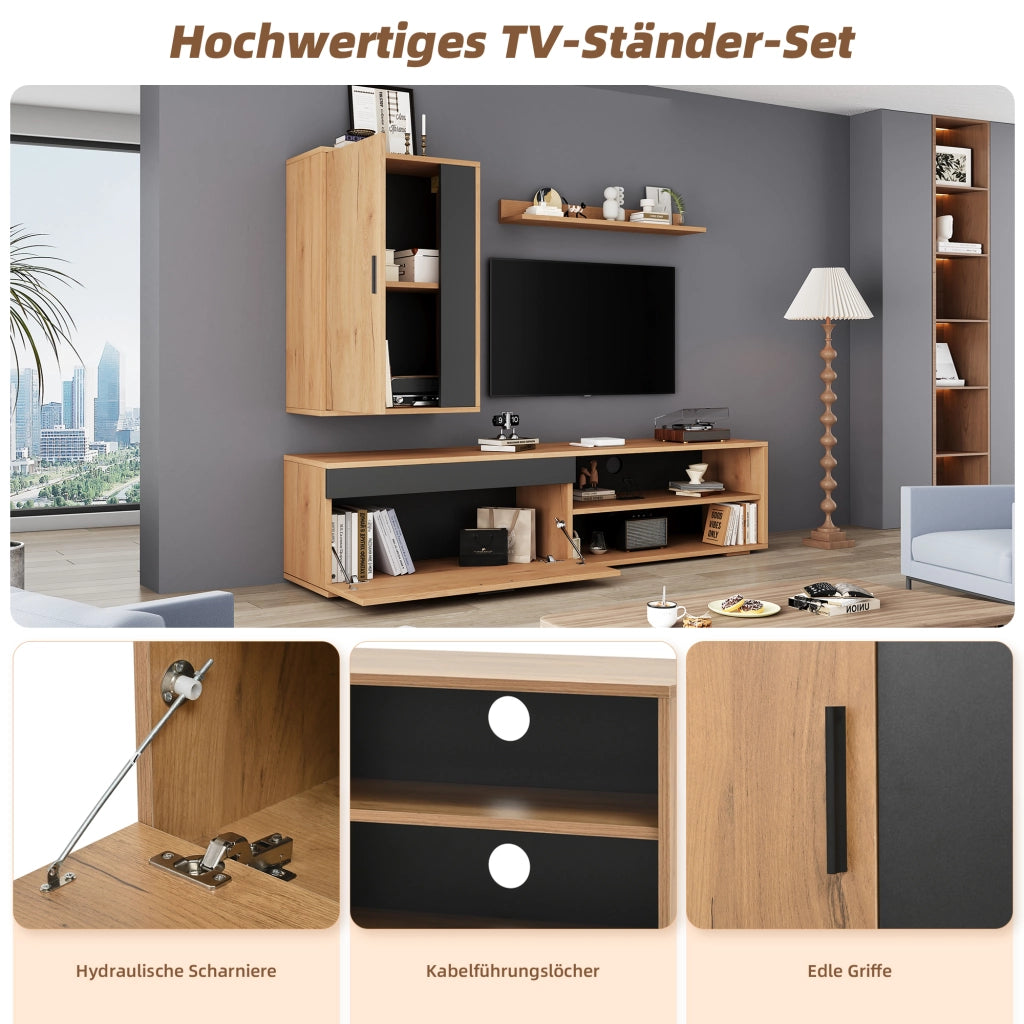 Mobile porta TV con pensile e mensola, 3 pezzi, in truciolato, effetto legno e nero, 140 × 35 × 39 cm