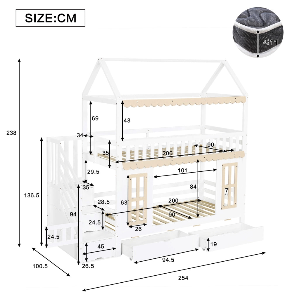 Letto a castello a casetta con scala contenitiva e 2 cassetti 90x200 cm