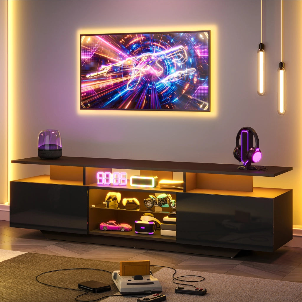 Mobile porta TV con LED e 2 ante, 8 vani contenitore e ripiani in vetro, per soggiorno, in MDF, nero, 160 × 40 × 45 cm
