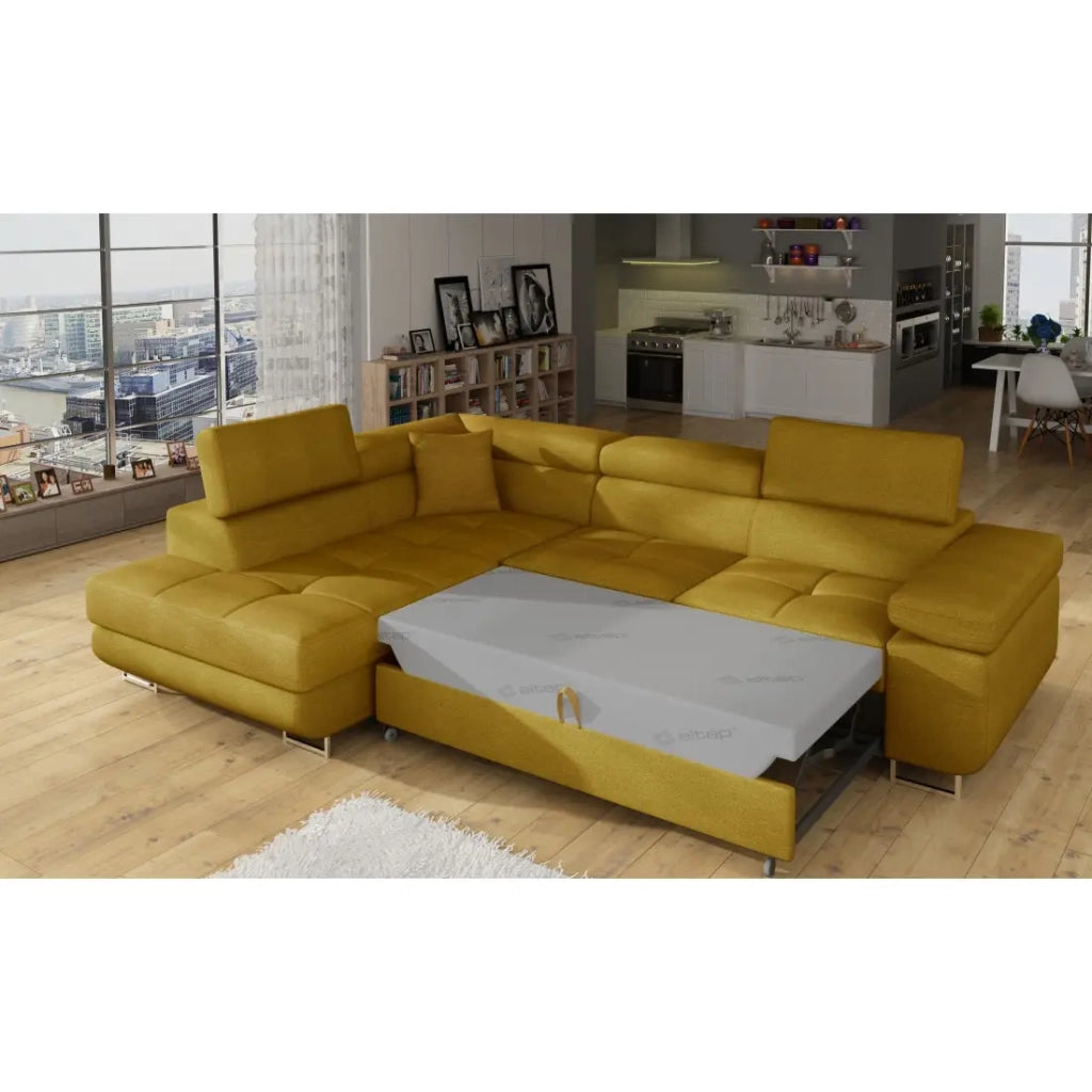 Divano angolare trasformabile MENTON giallo bouclé – Angolo sinistro con baule