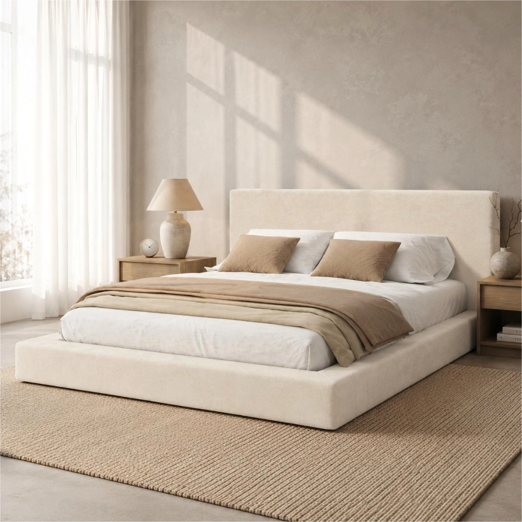 Letto matrimoniale imbottito 180x200 cm con rete a doghe e testiera capitonné; rivestimento in ciniglia; beige