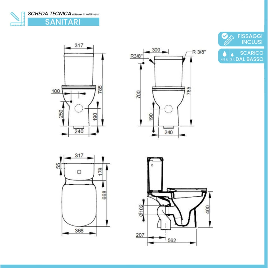 Set sanitari monoblocco con entrata dal basso bidet e sedile wc Gemma 2 Dolomite