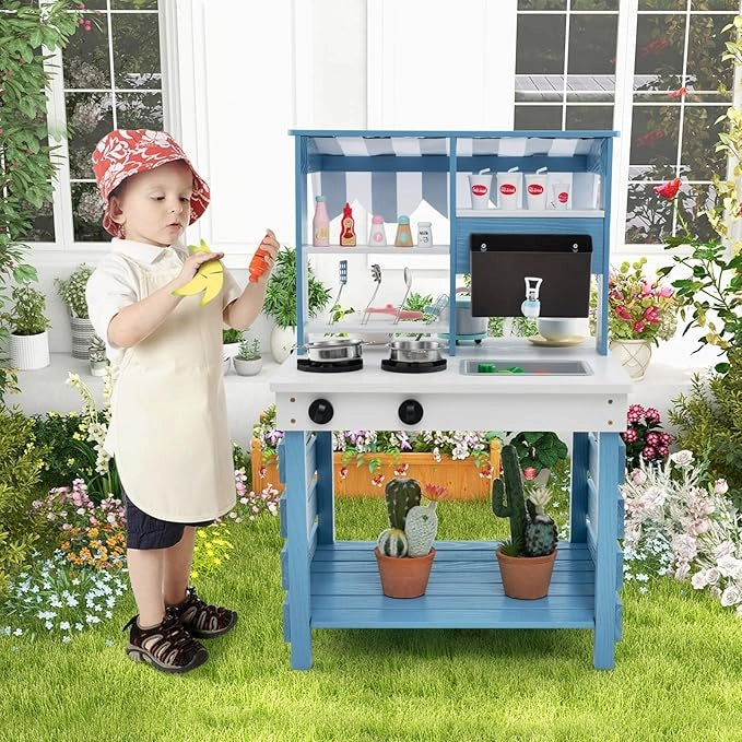Cucina Giocattolo per Bambini, Cucina per Bambini a Doppia Faccia con Stufa a Gas, Lavello e Rubinetto, Tenda da Sole, Con Suoni, per Bambini 3+ Anni