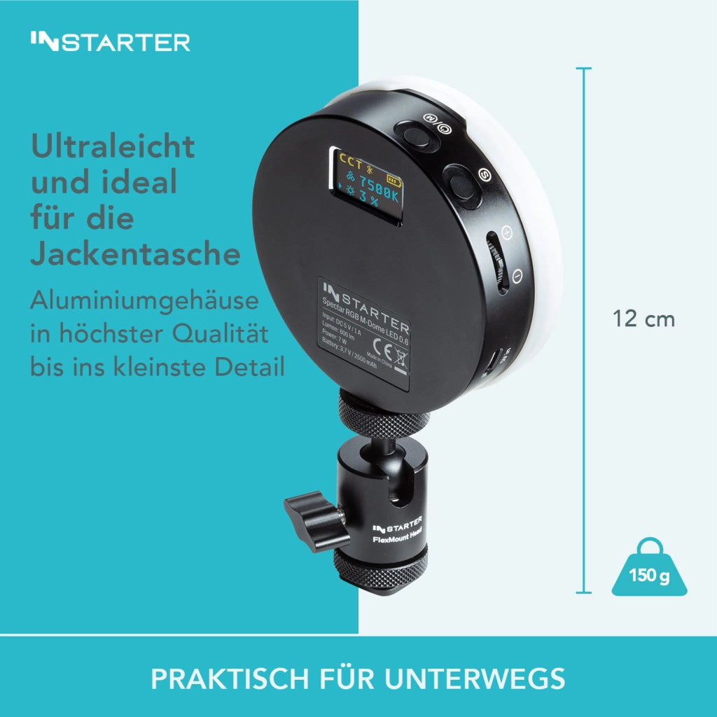 Instarter Mini LED RGB con testa a sfera, Luce per smartphone, fotocamera, fotografia, videochiamate, streaming, Batteria da 2500mAh