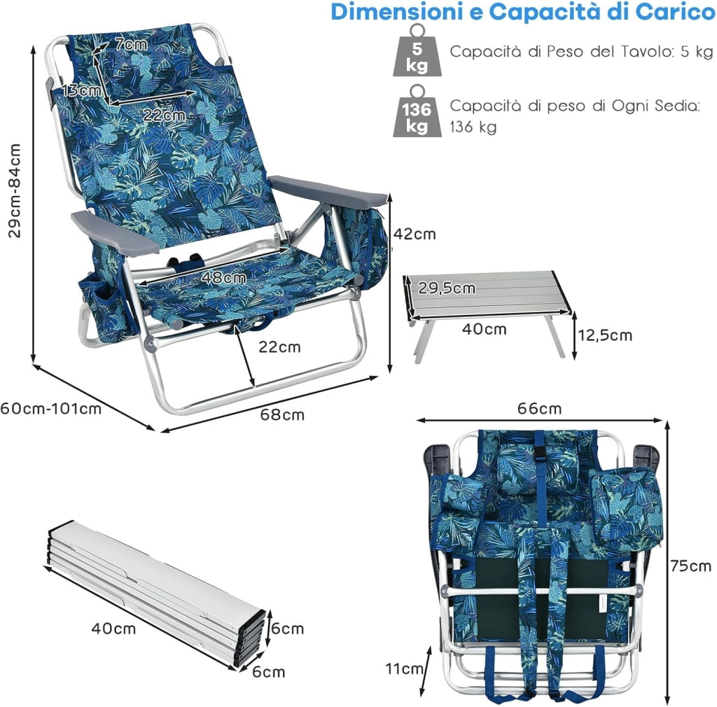 Set di 2 Sedie e Tavolino da Spiaggia Pieghevole, Schienale Regolabile a 5 Livelli, con Portatesta, Borsa Portaoggetti, Borsa Termica, per Campeggio Picnic Esterno (Blu Scuro, Modello 1)