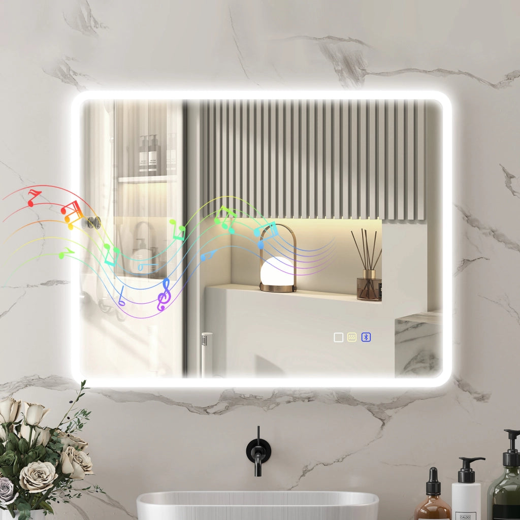 Specchio da Bagno 70x90 cm LED Bluetooth con Interruttore Touch Luce 3 Colori Anti-appannamento Argento