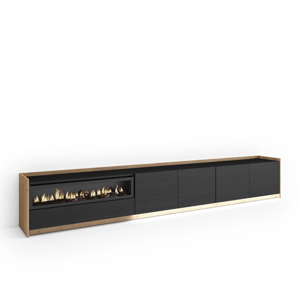 Mobile TV Soggiorno, 310x50x37 cm, Per TV fino a 80", Camino elettrico, LED, Nero e rovere