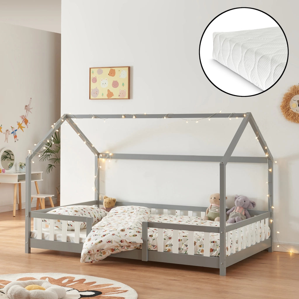 Letto per Cameretta Sisimiut a Forma di Casetta con Materasso 120x200 cm Grigio Chiaro / Bianco [en.casa] [neu.haus]