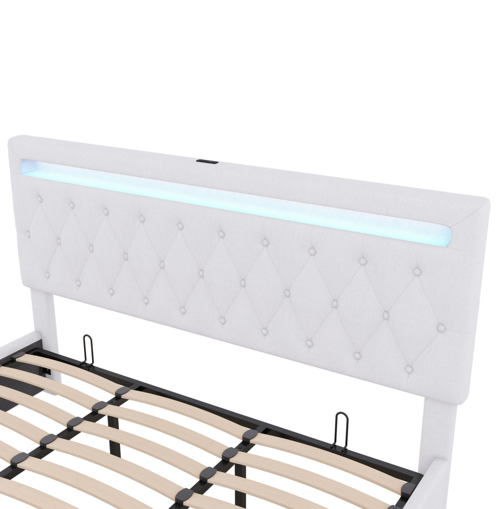Letto imbottito 180 x 200 cm con sollevamento idraulico e luce LED