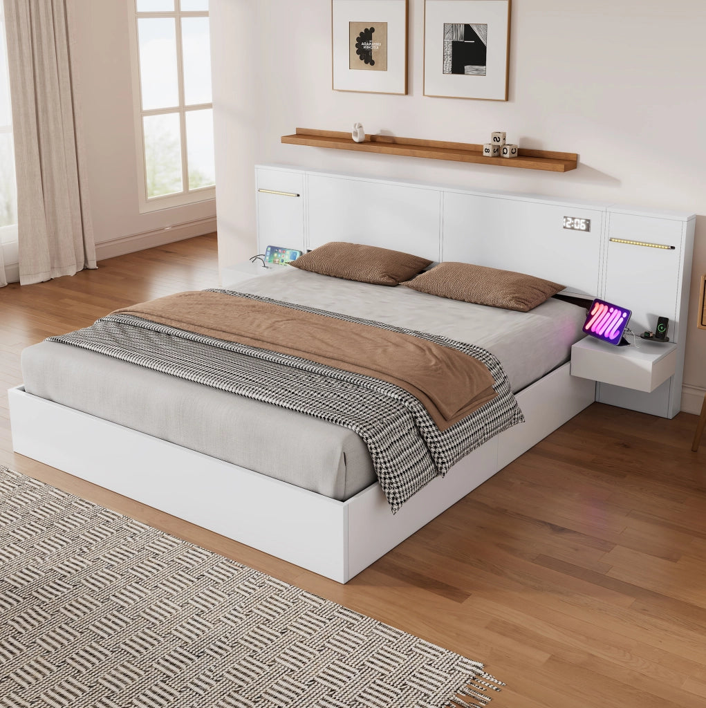 Letto matrimoniale 180x200 cm in MDF con USB-A/C; Bluetooth; luce colorata e 2 comodini; bianco