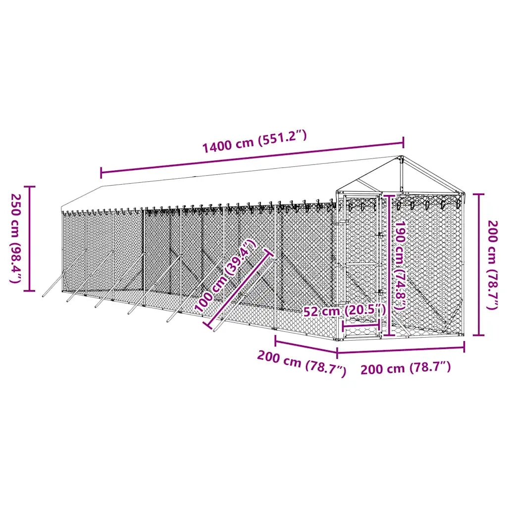 Cuccia Cani da Esterno Tetto Argento 2x14x2,5 m Acciaio Zincato 3190485