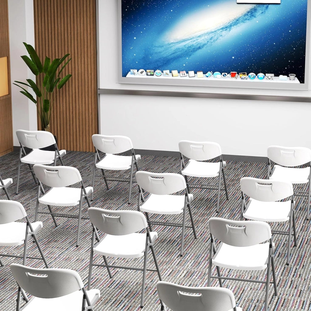 Set di 4 sedie pieghevoli in plastica, sedile in HDPE impermeabile e struttura in metallo, schienale con manico, sedie portatili per matrimonio, conferenza (bianco)
