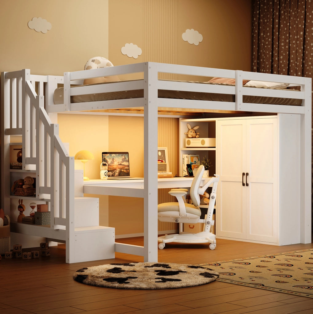 Letto a soppalco 140x200 cm con scrivania; armadio; scala contenitore; USB e LED; bianco