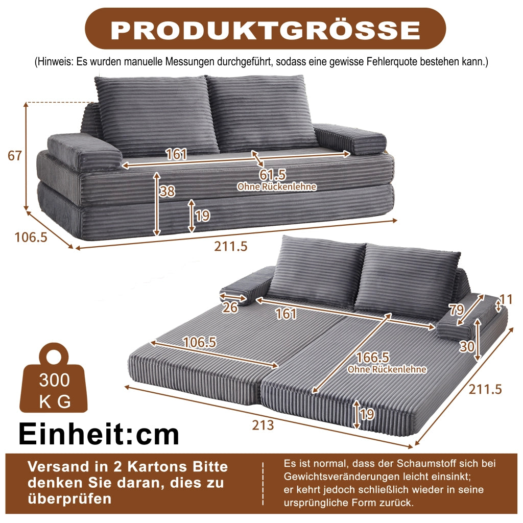 DIVANO Modulare 211 cm Grigio in Corduroy e Schiuma, Convertibile in Letto