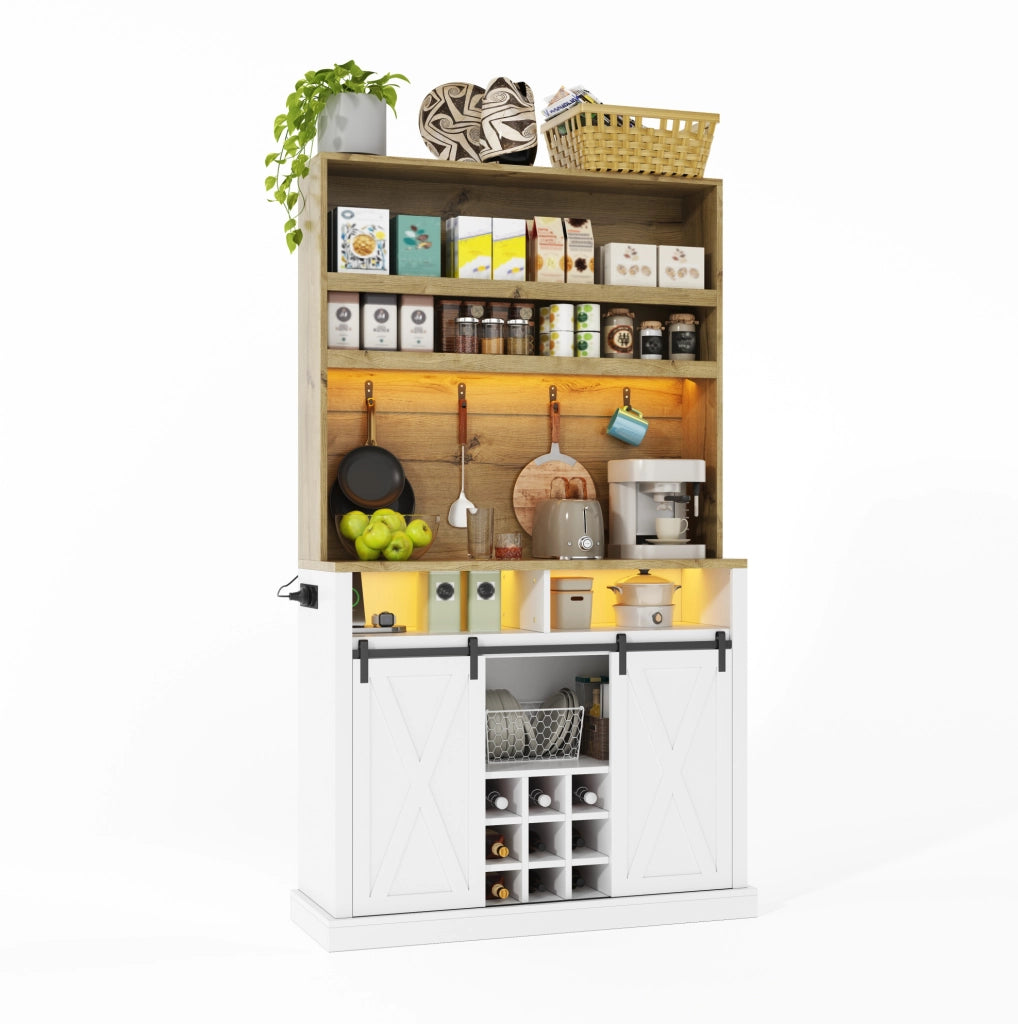 Mobile cucina alto 110x40x191 cm con LED; prese USB; ripiani e vetrina; bianco naturale