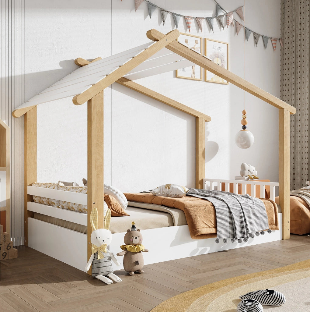 Letto a casetta 90x200 cm con doghe stabili; bianco e naturale