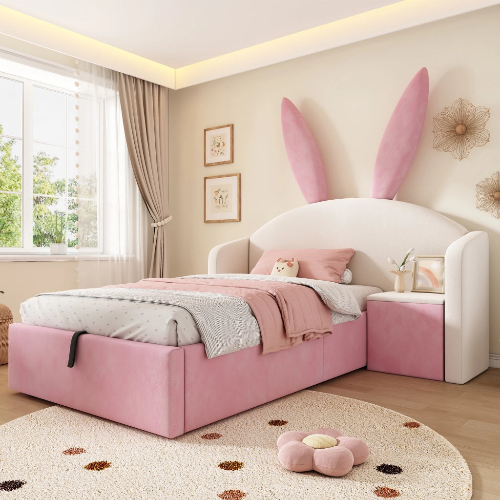 Letto per bambini 90 × 190 cm con testiera a orecchie di coniglio, comodino contenitore, senza materasso, beige e rosa
