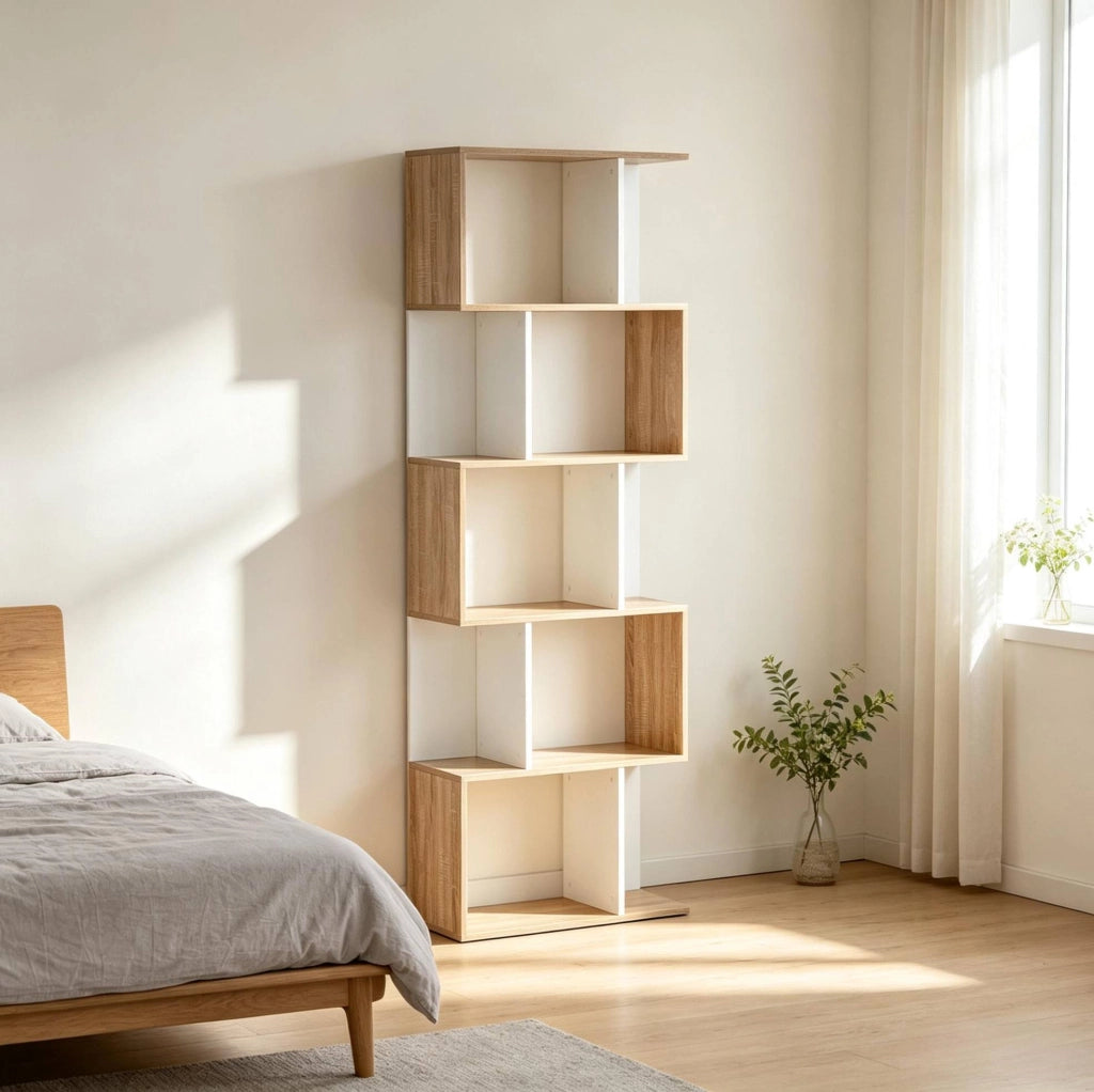 Libreria S moderna a 5 ripiani in truciolare rovere e bianco