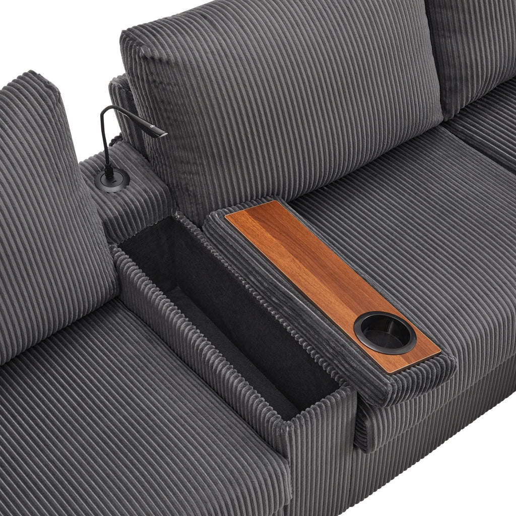Divano a U con contenitore; lampada e USB in velluto a coste grigio 334×128.5×81 cm