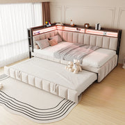 OKWISH Letto a Divano 90×200 cm, Letto Singolo con Letto Estraibile, LED Regolabile, USB, Tipo C e Mensole, senza Materasso, Beige