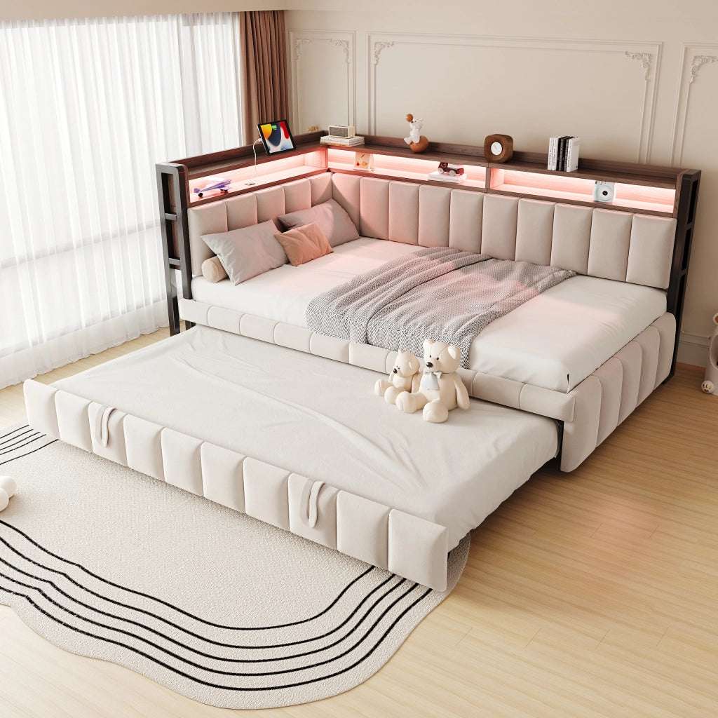 OKWISH Letto a Divano 90×200 cm, Letto Singolo con Letto Estraibile, LED Regolabile, USB, Tipo C e Mensole, senza Materasso, Beige