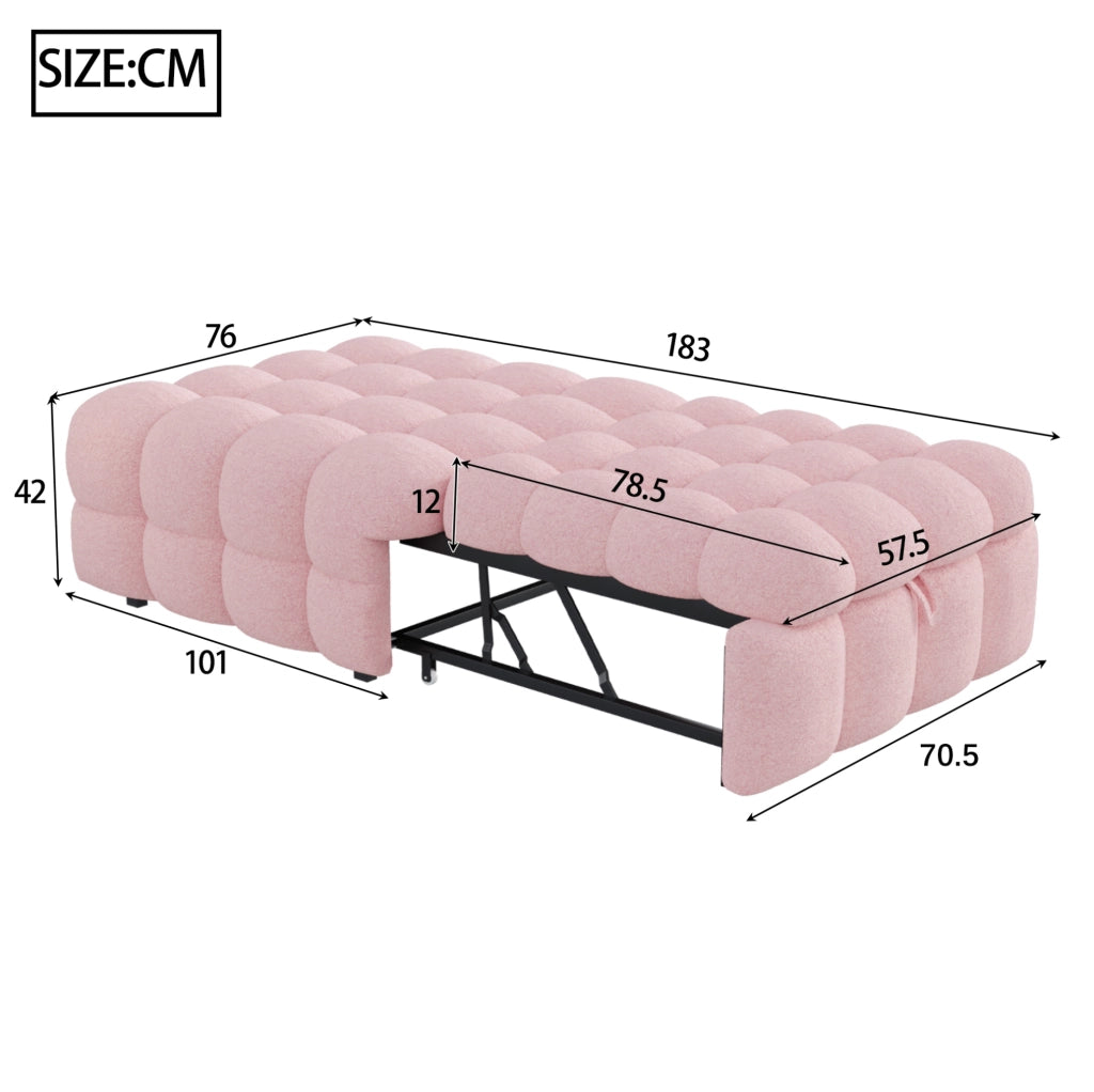Pouf letto 2 in 1 trasformabile in divano; 183x76 cm; in tessuto Teddy rosa