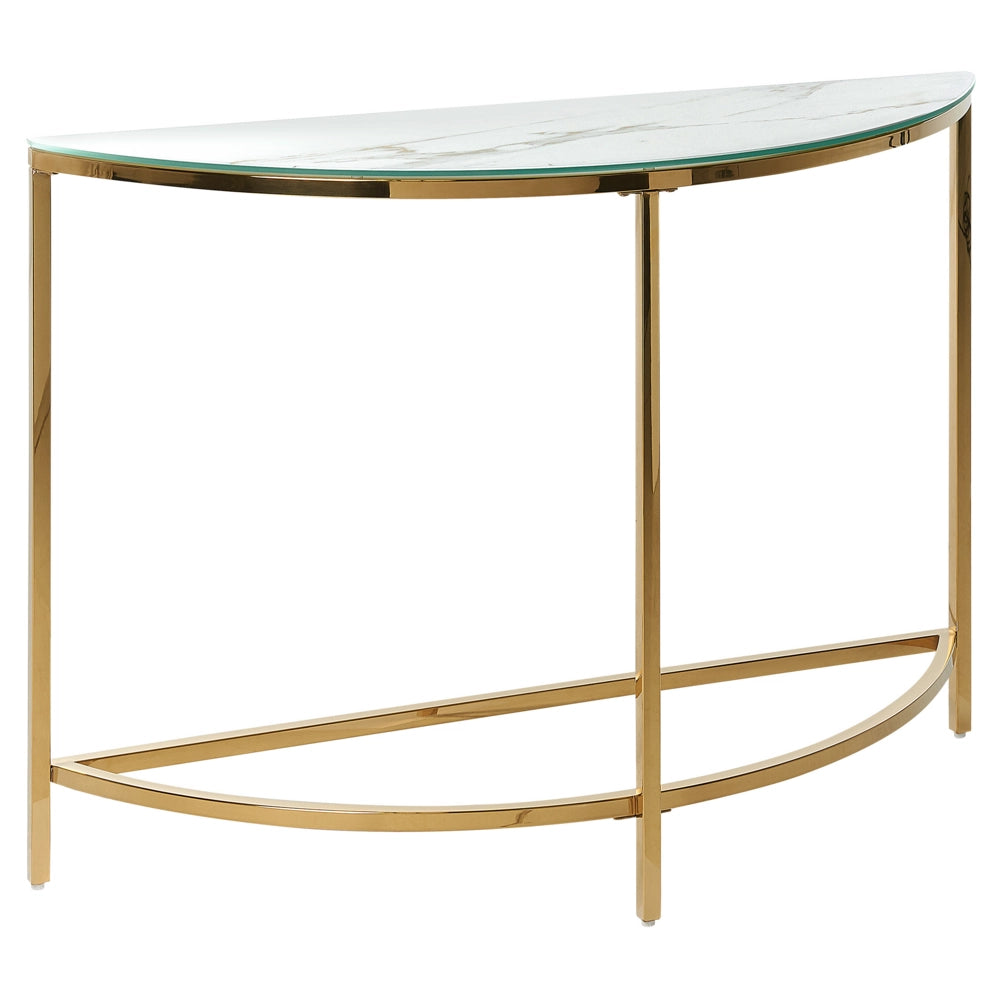 Consolle Bianco con Vetro Temperato dorato Acciaio Inossidabile 111 x 36 cm Mezza Luna Glam Modern Soggiorno Camera da Letto Corridoio