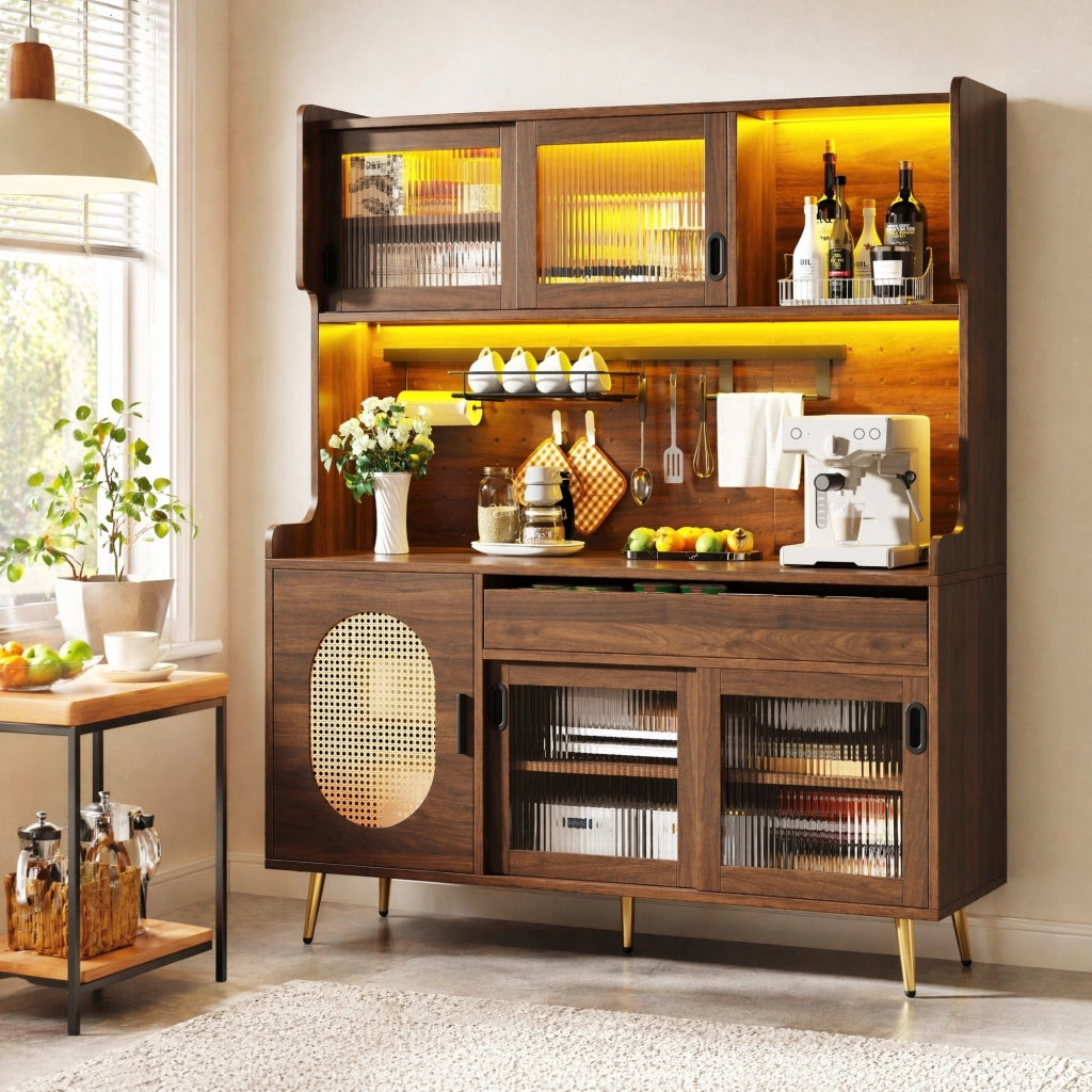 Credenza LED con cassetti e pannello perforato per cucina e sala da pranzo; in MDF; marrone; 145 × 39 × 171 cm