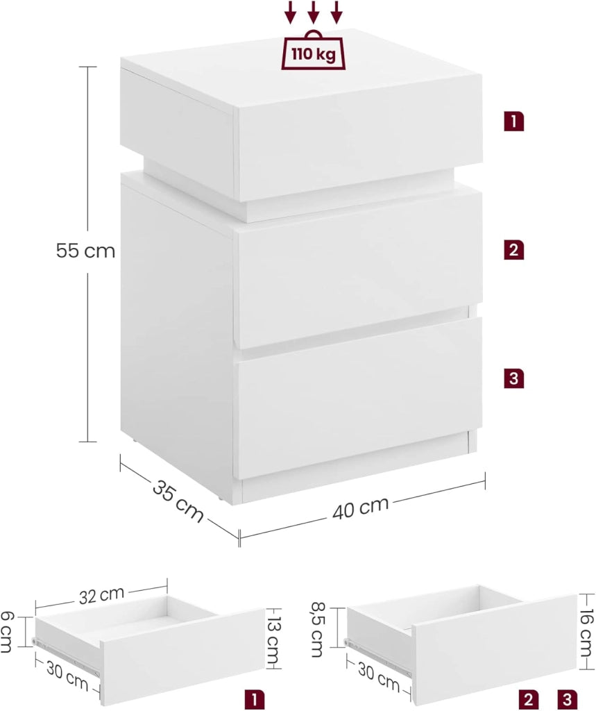 VASAGLE KAILYN Collezione - Comodino con Striscia Luminosa di Luci a LED Multicolore Variabile, 3 Cassetti, Tavolino in Stile Moderno, 35 x 40 x 55 cm, Bianco LET630T10