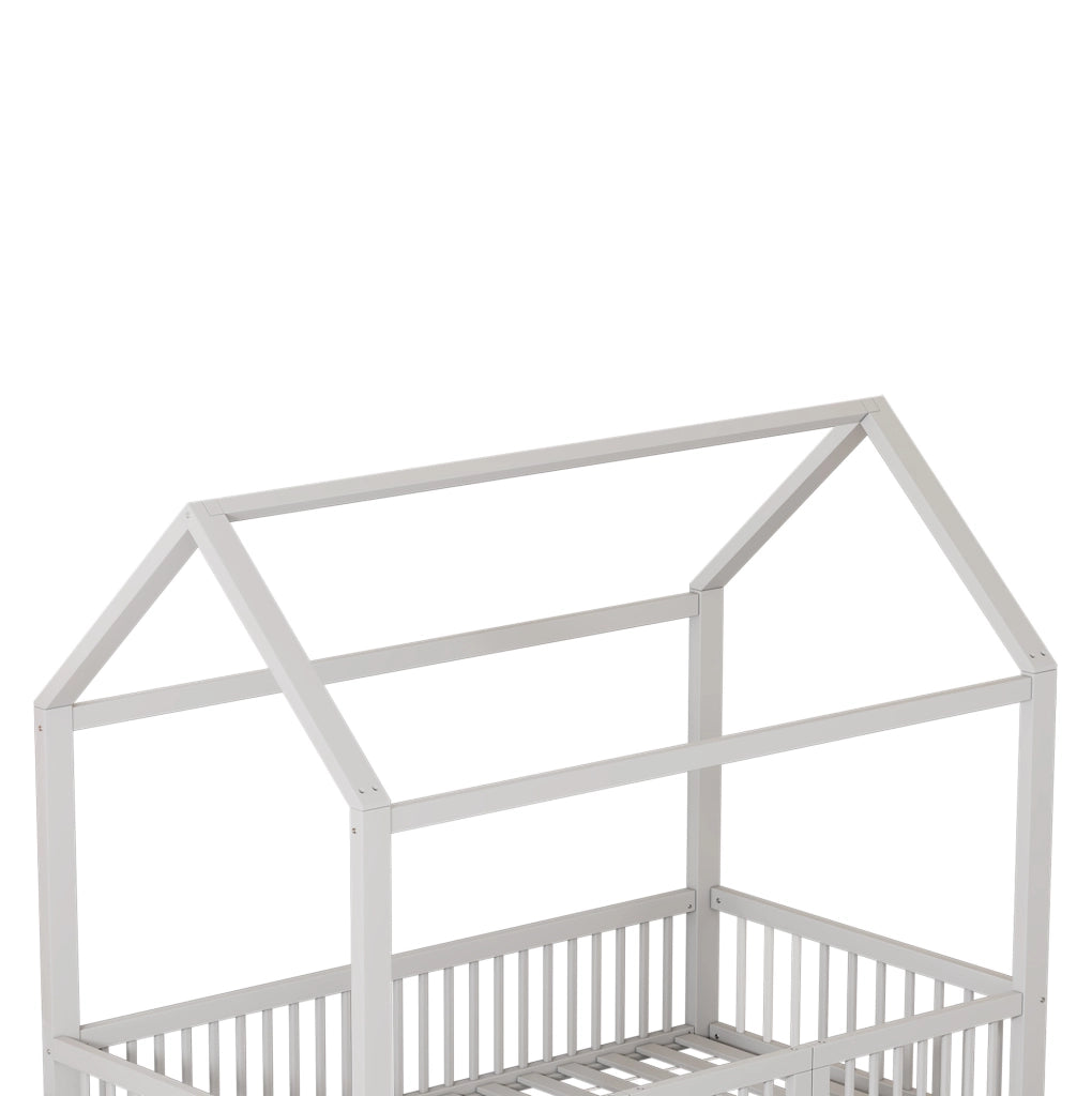 Letto a casetta per bambini 90x200 cm in legno bianco con sponde e porticina