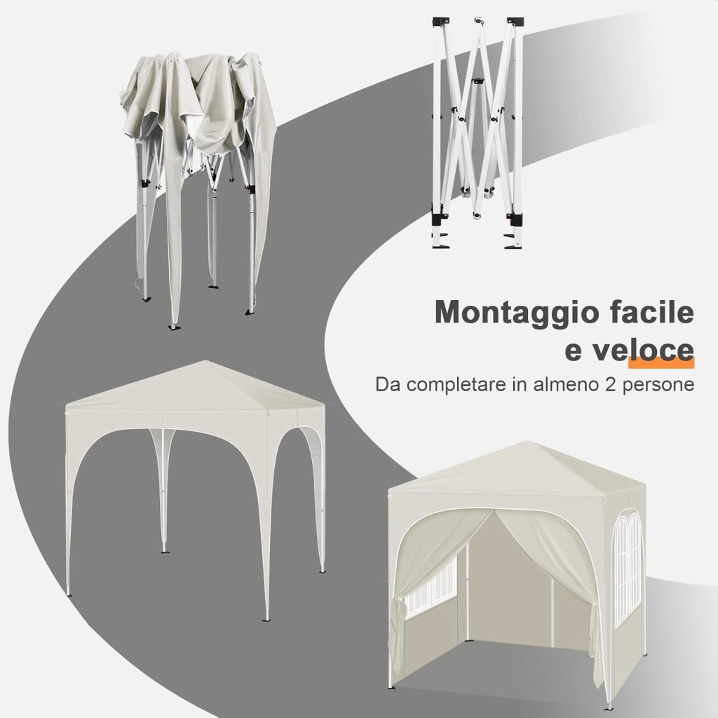 Gazebo Pieghevole 2x2m con 4 Pareti Rimovibili - Protezione Solare UPF 50+, Struttura Metallica Anti-Vento, 3 Regolazioni Altezza, Tendone da Giardino/Campeggio/Spiaggia - Beige