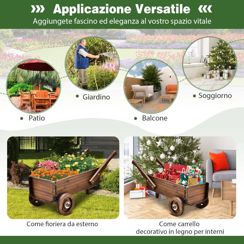 Fioriera da Esterno in Legno a Forma di Carrello, Carriola Portafiori con Ruote, Maniglie, Foro di Drenaggio, Carrello Decorativo da Interno ed Esterno, per Giardino, Patio e Balcone