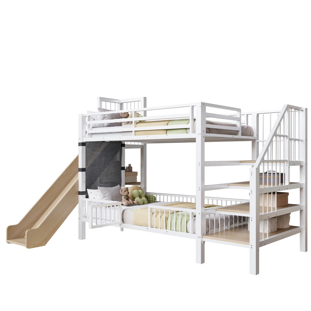 LETTO a soppalco per bambini 90x200 cm in metallo bianco con scivolo e scala