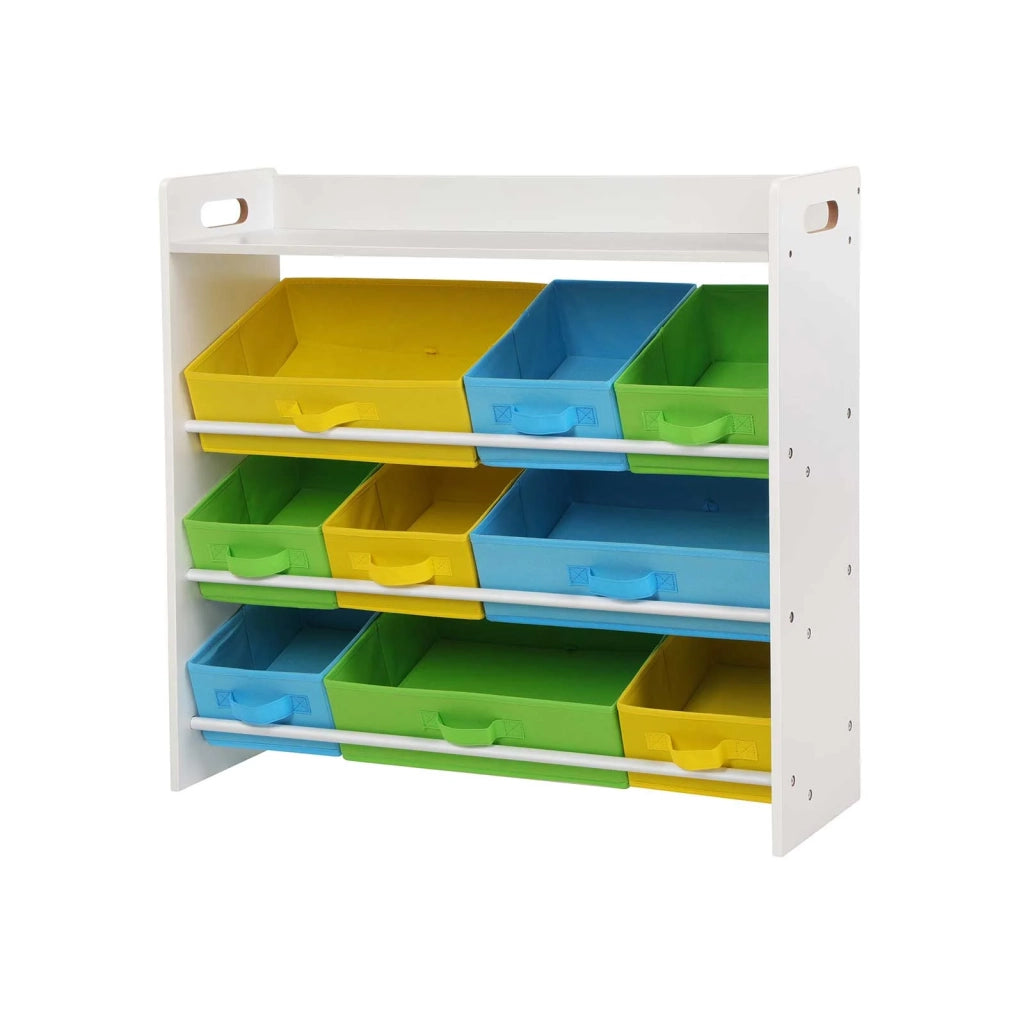 Scaffale portagiochi per bambini con 9 cestini rimovibili in tessuto non tessuto multicolore organizer per sala giochi struttura in MDF bianco 12_0002282
