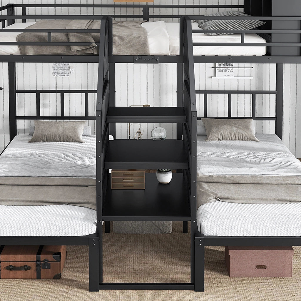 DESMIU Letto a castello 3 posti 90 × 200 cm e 140 × 200 cm con scala, vano portaoggetti, senza materasso, nero