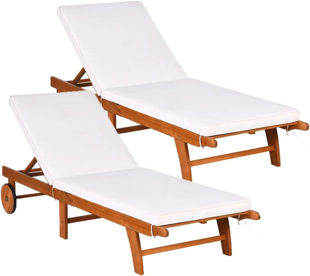 Lettino Prendisole con Schienale Regolabile, Sedia Sdraio in Legno di Eucalipto, Sdraio dav Spiaggia con Cuscino e 2 Ruote, Portata fino a 160 kg, Natura e Beige, ‎195 x 68 x 30-90 cm (1)