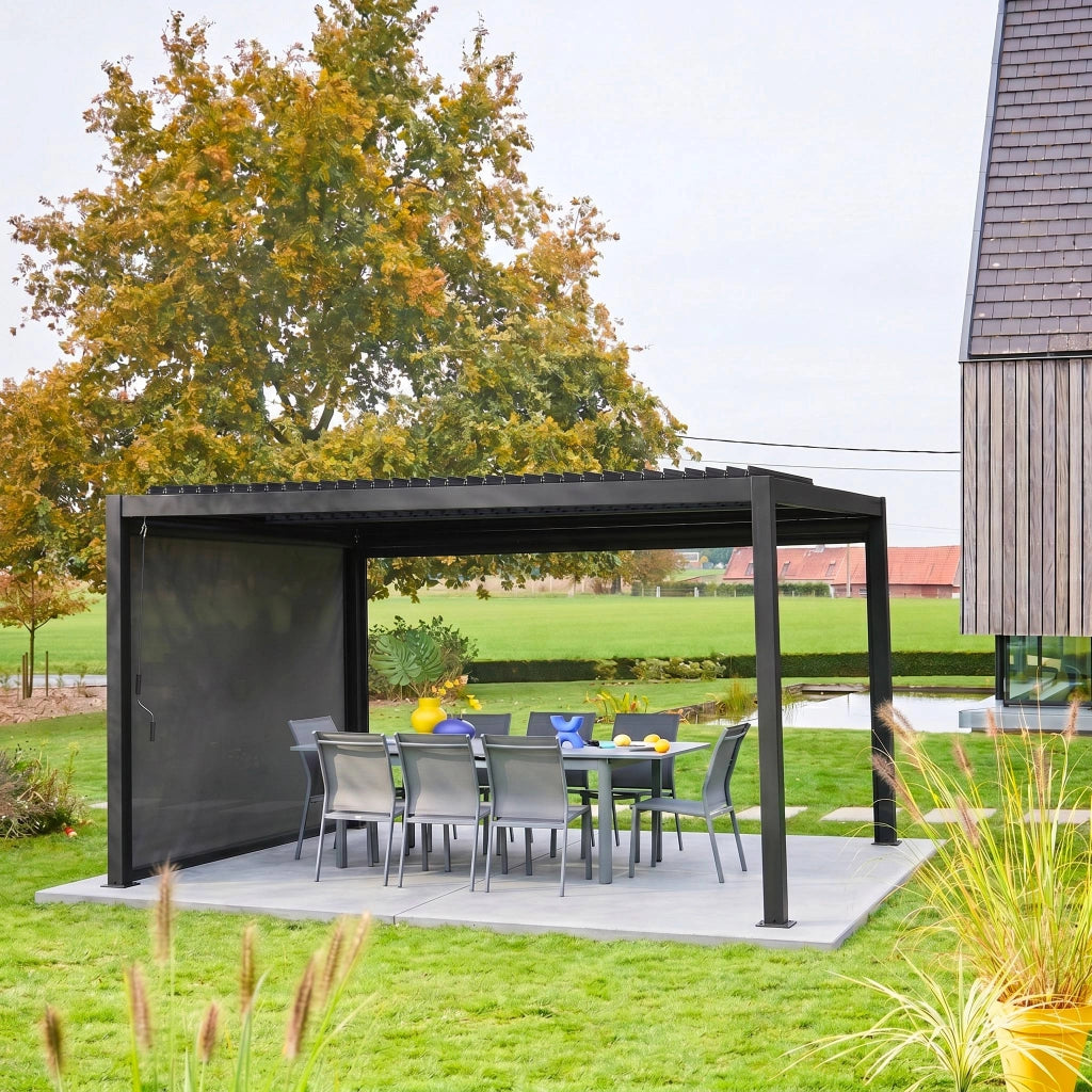 Pergola bioclimatica 3x4m in alluminio e acciaio  + tenda 3m, nero