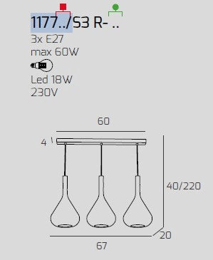 SOSPENSIONE CROMO 3 LUCI RETTANGOLARE VETRI AMBRA 1177CR-S3 R-AM