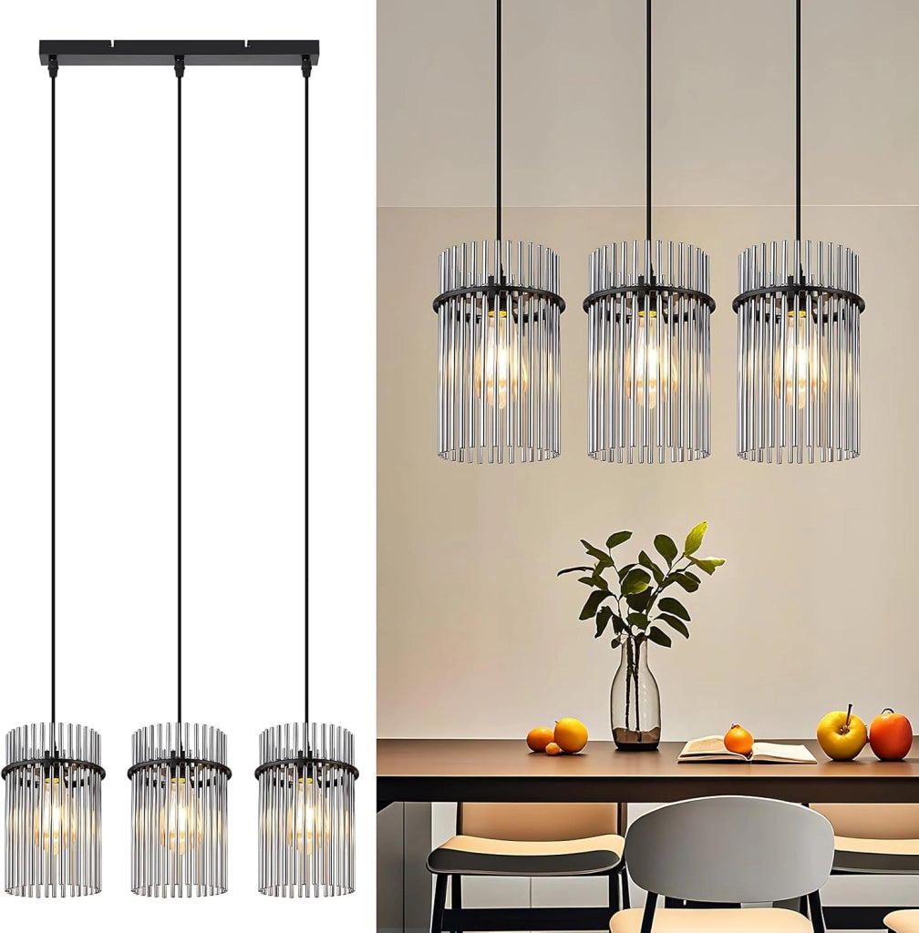Lampada a sospensione ZMH vintage a 3 fiamme in vetro nero E27 (senza lampadina)