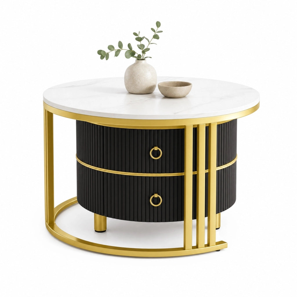 Set di 2 tavolini rotondi da salotto neri e oro con 2 cassetti