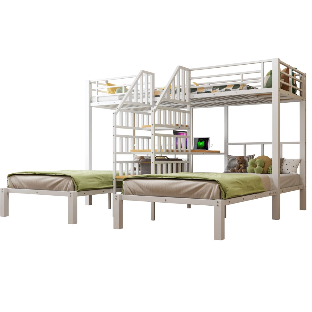 Letto a castello triplo 90x200 cm con LED; scrivania integrata; prese USB; bianco