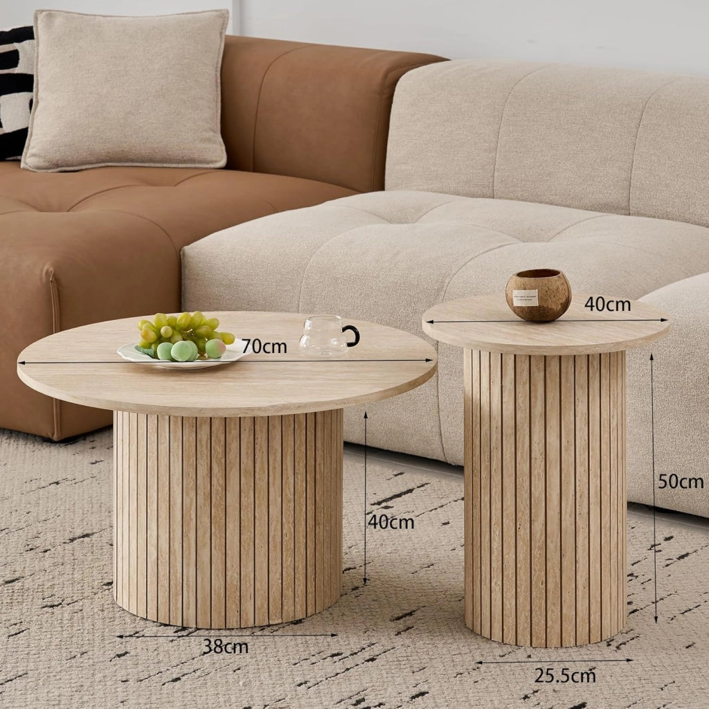 GrandCA HOME - Set di 2 Tavolini Rotondi da Caffè, Tavolino Rotondo da Divano, Piano in MDF con Base a Doghe in Legno, Ideale per Soggiorno e Ufficio (Travertino gialloe)