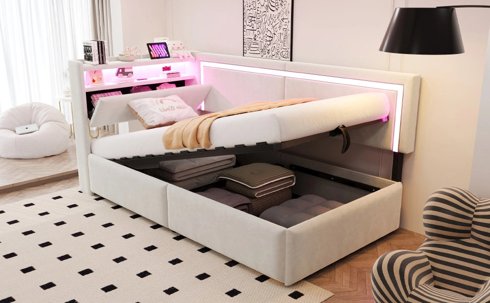 DESMIU Letto contenitore 90 × 200 cm 1 posto con LED, USB, ripiani, senza materasso, in velluto, beige