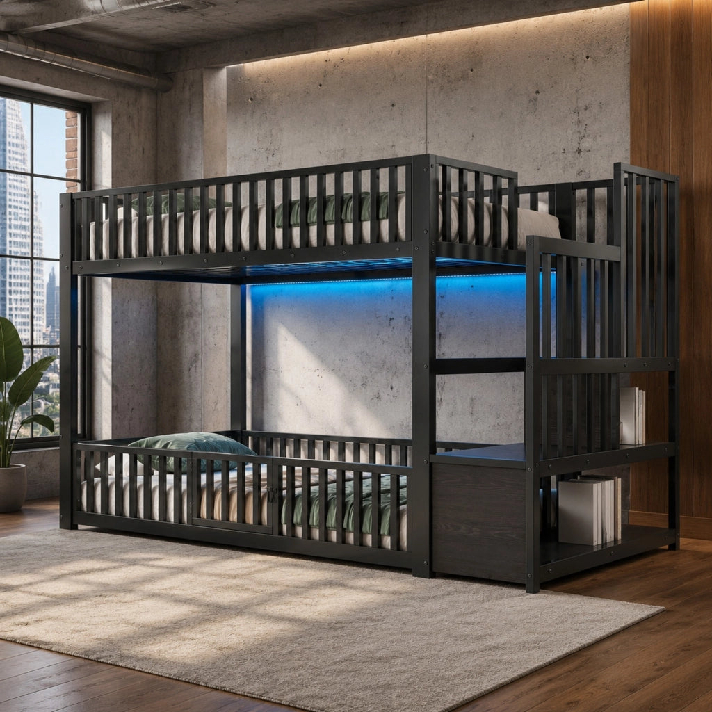 Letto a castello 90x200 cm con scala contenitore e illuminazione LED, nero