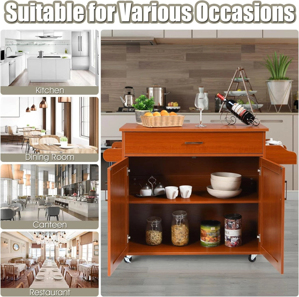 Carrello da Cucina, Credenza Mobile con Cassetto, Anta Doppia, Portaspezie e Portasciugamano, Ripiani Regolabili, Ruote con Freni, Portata di 50 kg, 116x40x85 cm, 4 Colori (marrone)