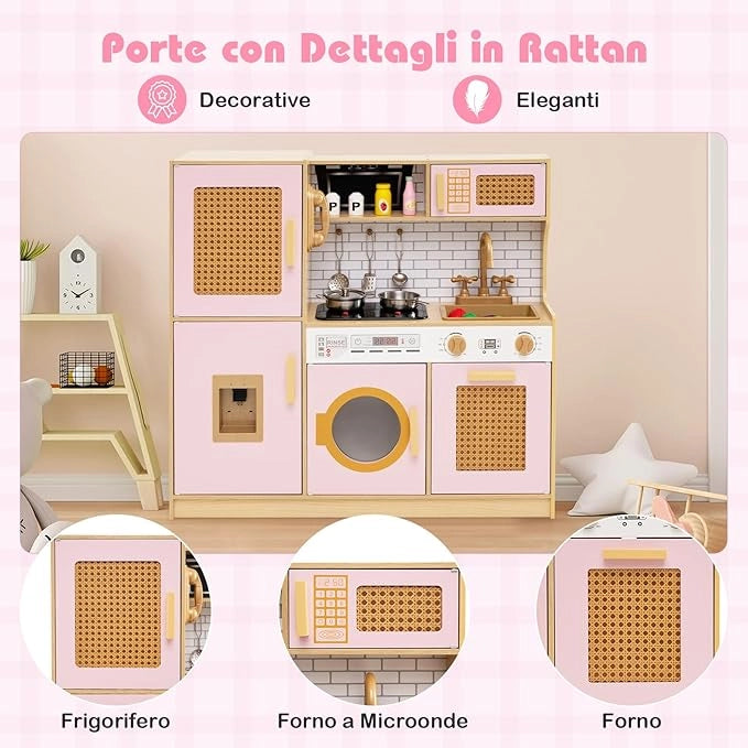 Cucina Giocattolo per Bambini, Cucina Legno per Bambini con Luci, Suoni, Frigorifero, Distributore d'Acqua, Lavatrice, Accessori Ricchi e Ante in Rattan, per 3 Anni+ (Rosa)