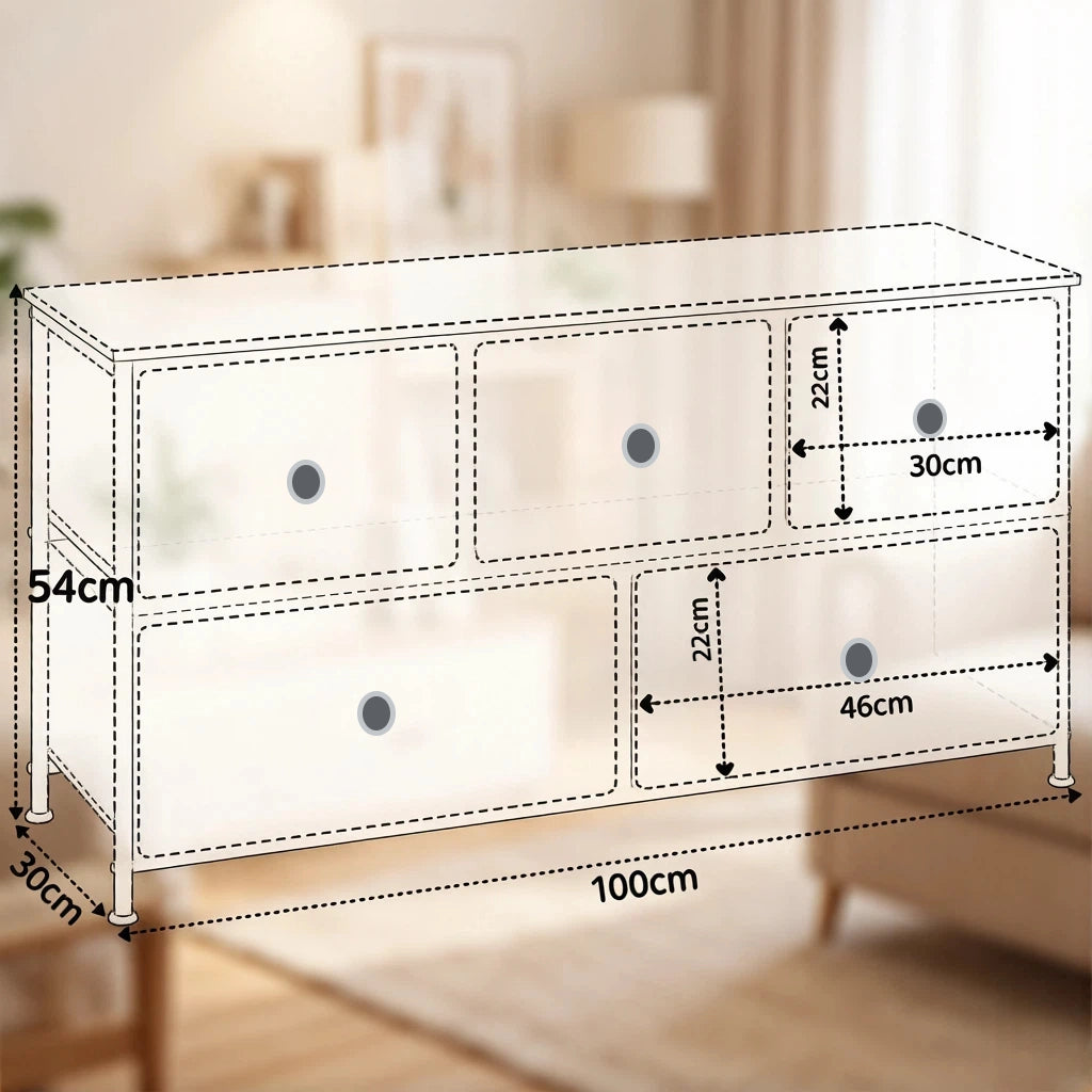 Mobile contenitore con 5 cassetti in tessuto, struttura in MDF e metallo, per camera da letto e ingresso, 100 × 30 × 54 cm