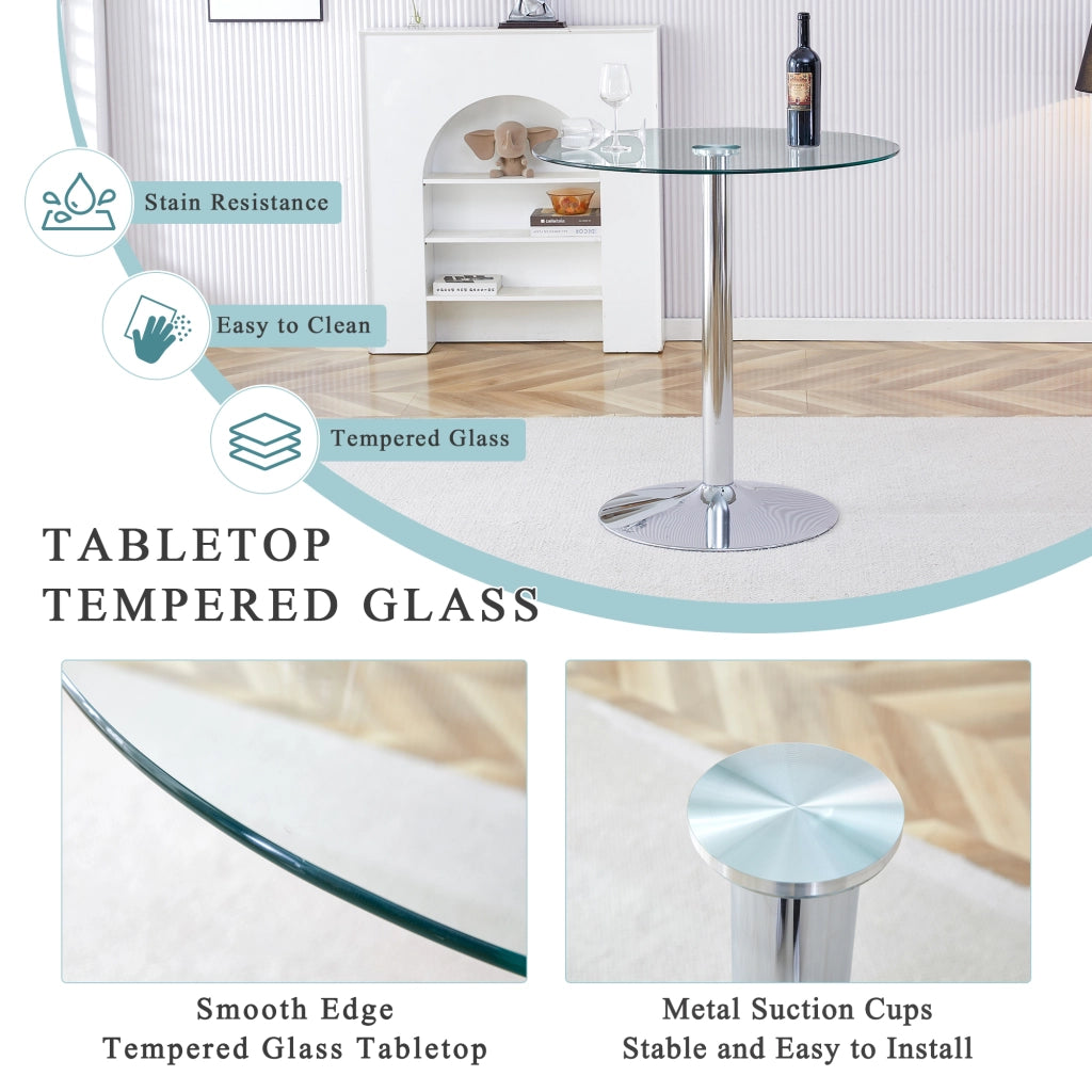 Tavolo da bistrot in vetro trasparente con base in metallo, per home bar e locali, diametro 89 cm, altezza 92 cm