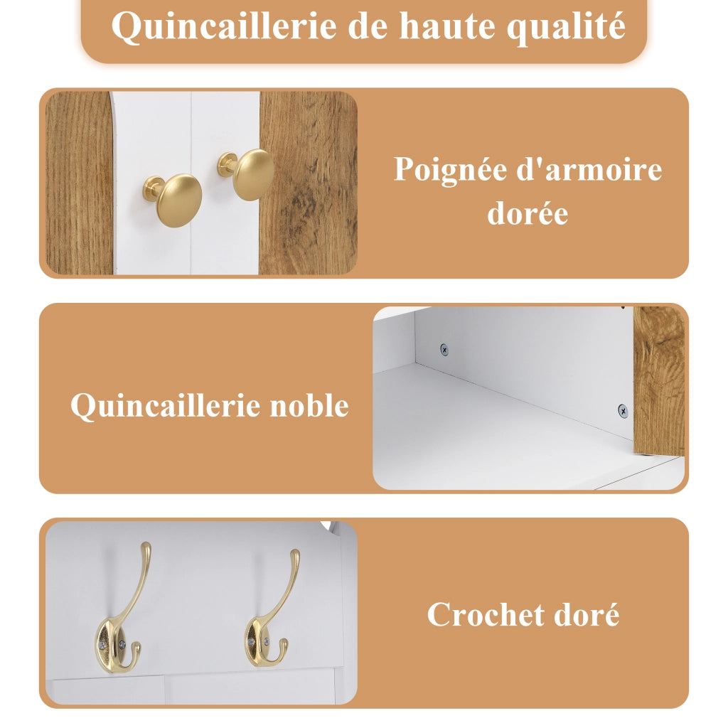 Mobile d'ingresso con 2 Ante; 3 Nicchie e Ganci; con Striscia LED USB; Stile Scandinavo; in MDF; 150??40??195 cm; Bianco