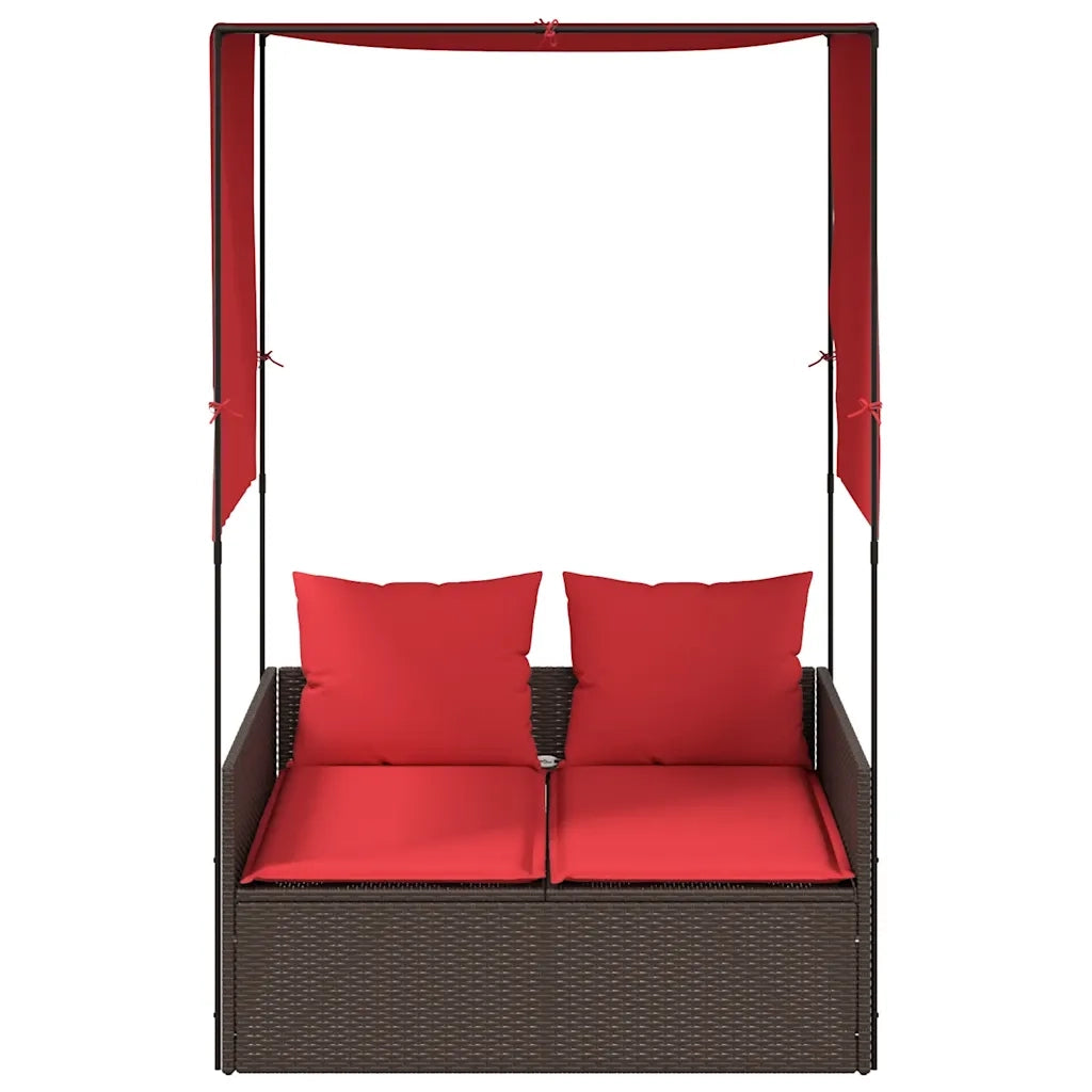 Lettino prendisole doppio con tettoia e tende in Polyrattan Marrone 4002762